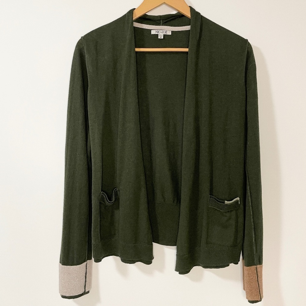 Nic + Zoe Green and Brown Colourblock Cardigan - Size Medium
